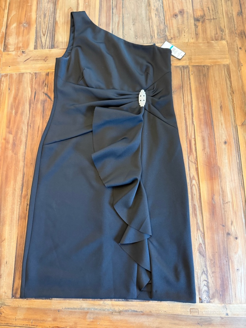 Jessica Howard Black One-Shoulder Cocktail Dress with Draped Ruffle NWT Size 16